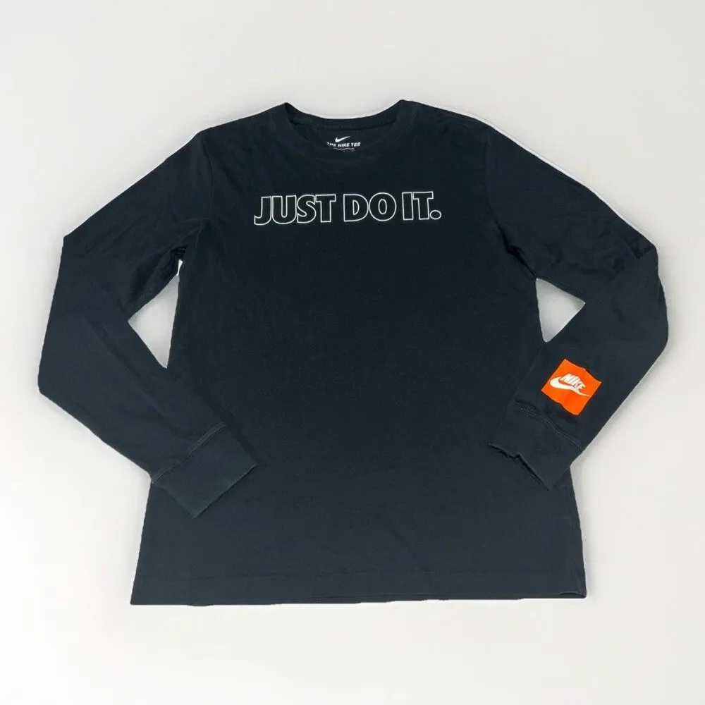 Nike Mens Just Do It Long Sleeve Graphic T Shirt Black Orange Patch Size Small